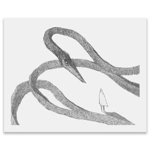 Snake art print - Dark folktale fantasy drawing of lonely adventurer and hypnotic serpent creature - Goth hand drawn pencil illustration