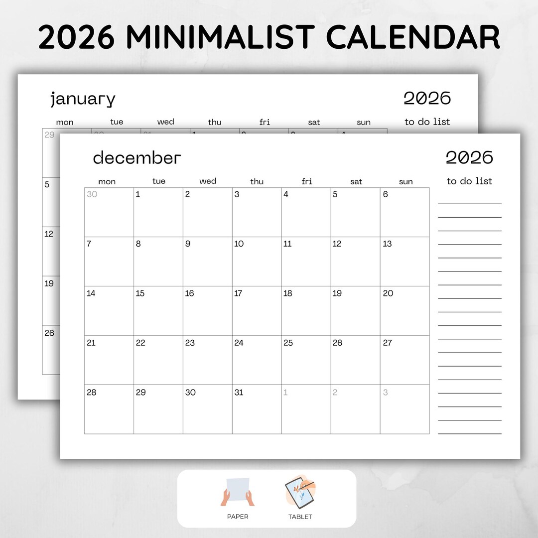 2026 Minimalist Calendar Printable: Monthly Planner (digital Download ...
