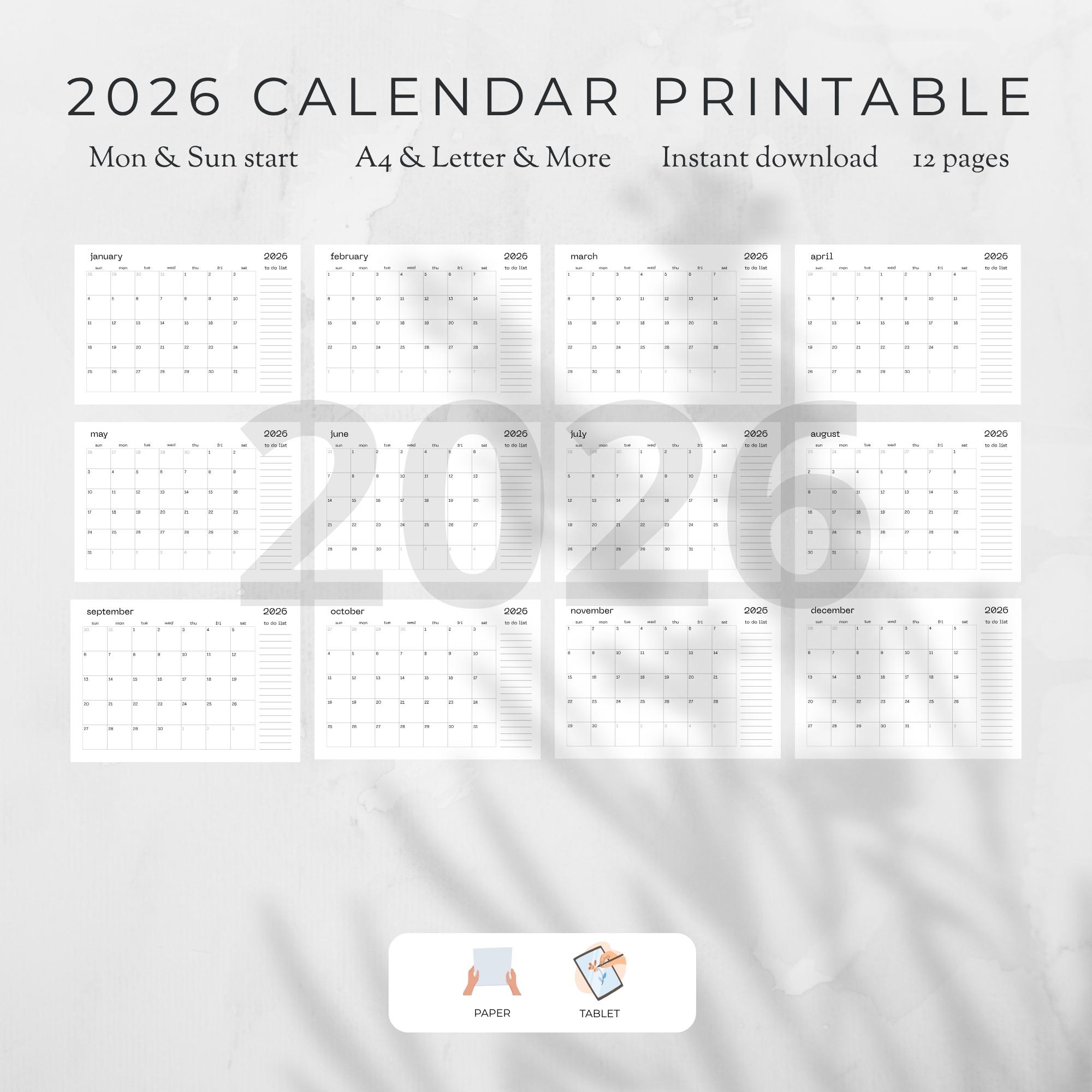 2026 Minimalist Calendar Printable: Monthly Planner (digital Download ...