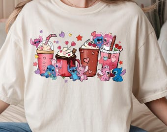 Stitch and Angel T-shirt, Disney Valentines Shirt, Valentines Coffee Shirt, Stitch Coffee Latte, Coffee Lover Valentine Gift,Comfort Colors®