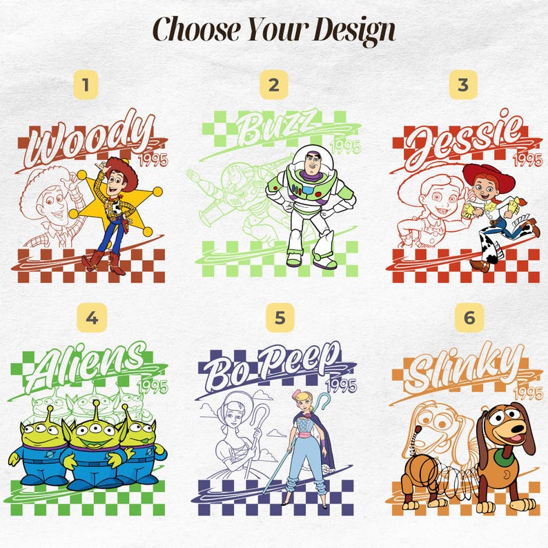 May include: A graphic featuring six designs with characters from the movie Toy Story. Each design includes a character's name and the year 1995. The designs are set against checkered backgrounds in various colors.