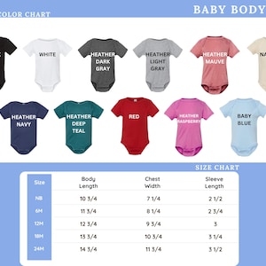 The image is a color chart for a baby bodysuit, displaying various color options and corresponding sizes.