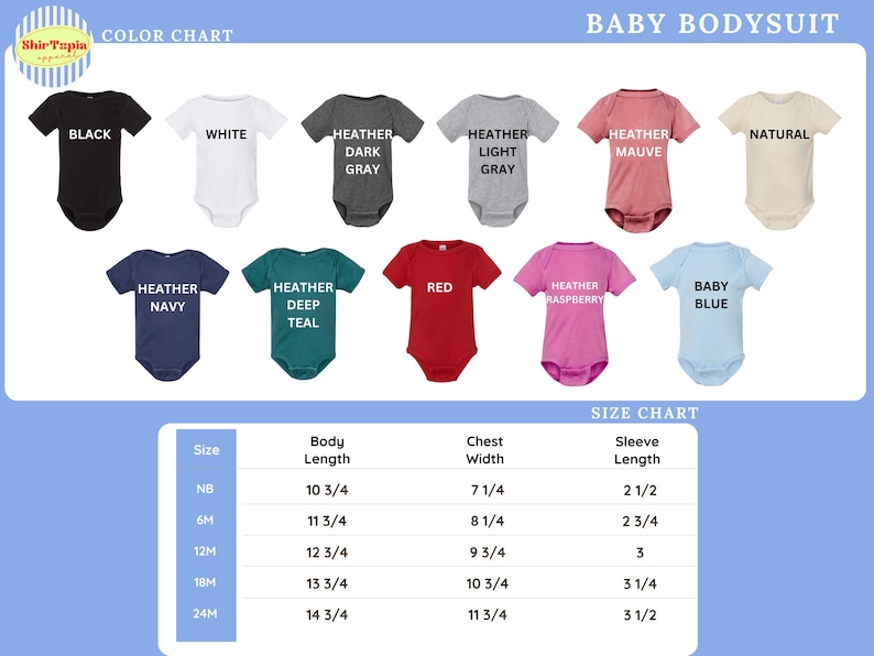 The image is a color chart for a baby bodysuit, displaying various color options and corresponding sizes.