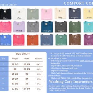 The image is a color chart that displays various comfort colors, along with a size chart for different shirt sizes. The chart provides information about the color, size, and washing care instructions for each color.
