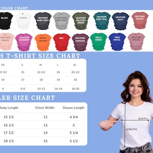 The image is a color chart and a youth t-shirt size chart for a clothing brand. The chart displays various sizes and colors of t-shirts, along with corresponding measurements for different age groups.