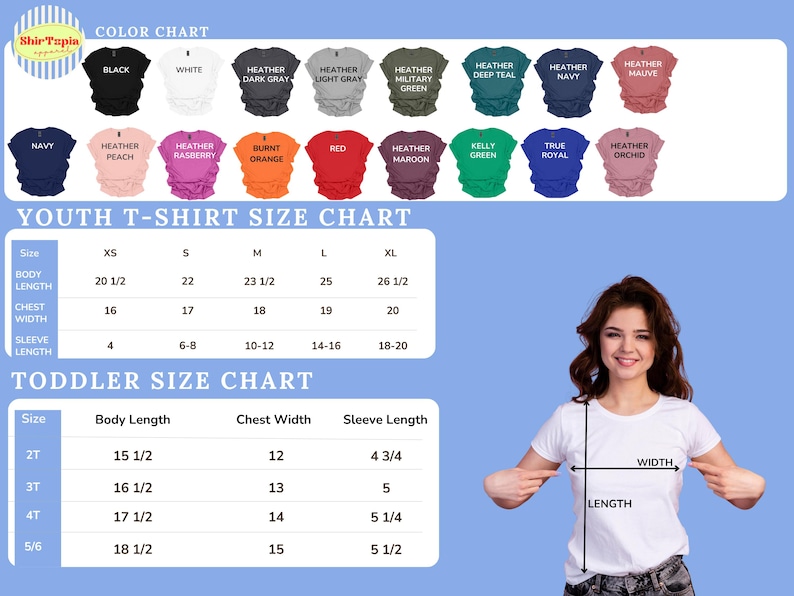 The image is a color chart and a youth t-shirt size chart for a clothing brand. The chart displays various sizes and colors of t-shirts, along with corresponding measurements for different age groups.