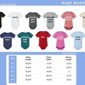The image is a color chart for a baby bodysuit, displaying various color options and corresponding sizes.