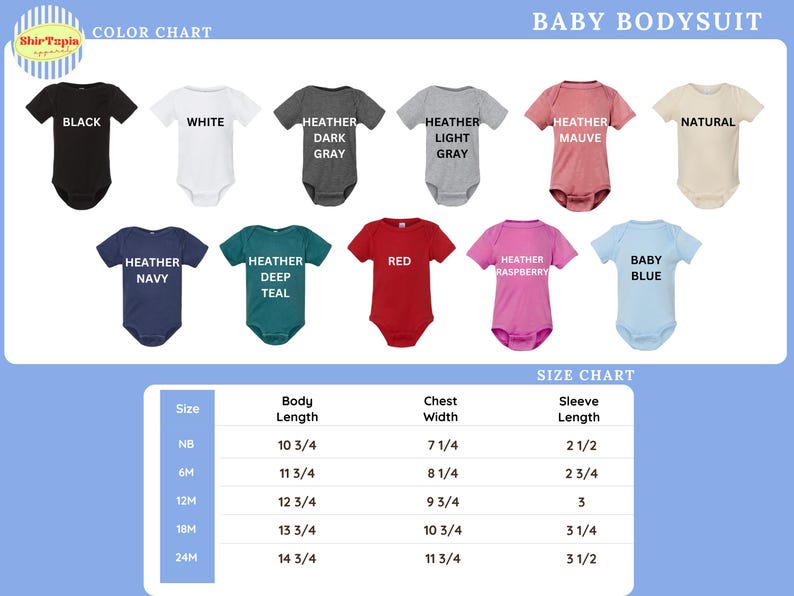 The image is a color chart for a baby bodysuit, displaying various color options and corresponding sizes.