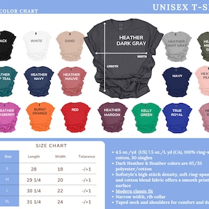 The image is a color chart for a unisex t-shirt, displaying various color options and corresponding measurements.