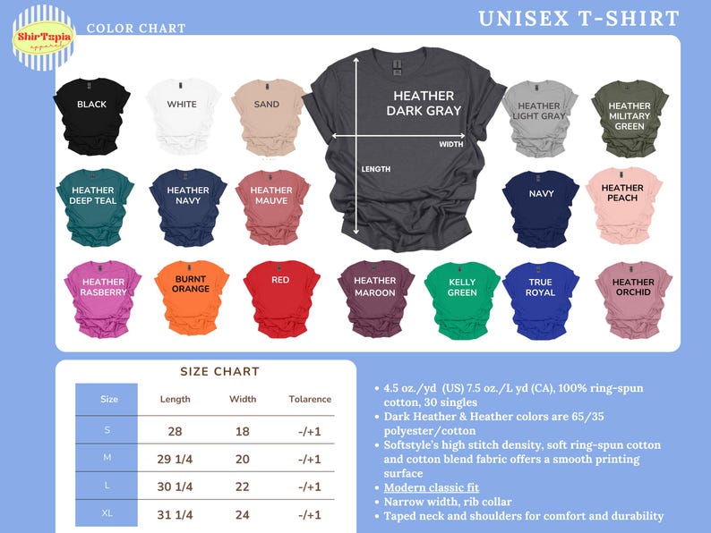 The image is a color chart for a unisex t-shirt, displaying various color options and corresponding measurements.