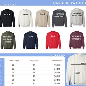 The image is a color chart and size chart for a unisex sweatshirt, displaying various color options and corresponding measurements for different sizes.