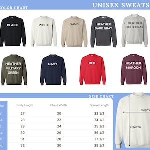 The image is a color chart and size chart for a unisex sweatshirt, displaying various color options and corresponding measurements for different sizes.
