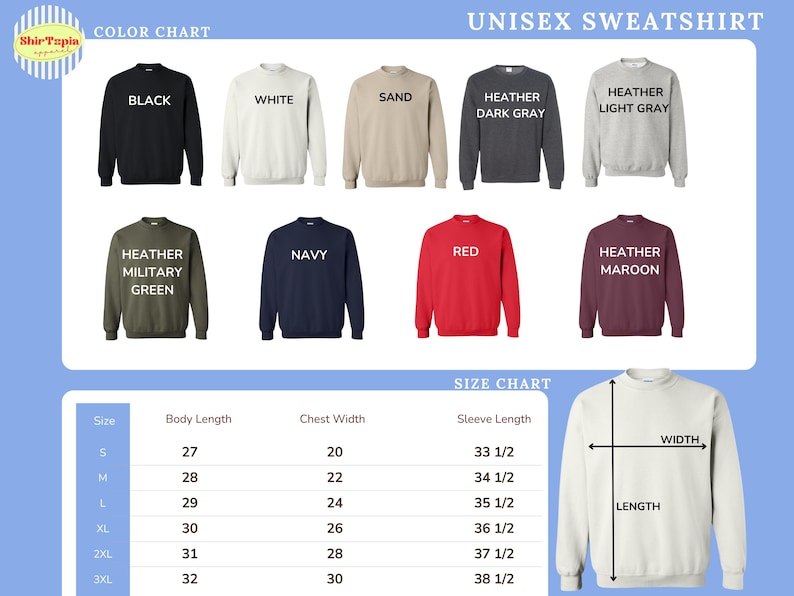 The image is a color chart and size chart for a unisex sweatshirt, displaying various color options and corresponding measurements for different sizes.