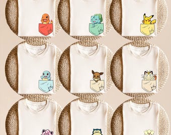 Camiseta divertida de dibujos animados de Pokémon Comfort Colors®, camiseta linda de Pikachu, Bulbasaur y Charmander, camiseta gráfica de Pokémon, camisetas de anime de Psyduck y Squirtle