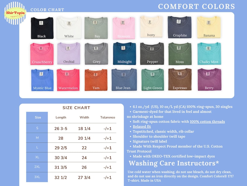 The image is a color chart that displays various comfort colors, along with a size chart for different shirt sizes. The chart provides information about the color, size, and washing care instructions for each color.