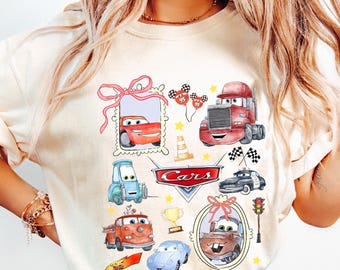 Retro Coquette Bows Disney Cars shirt, Disney Girl Trip Shirt, Lightning McQueen Mater Doc Hudson Sally Carrera Birthday Cars Family T-shirt