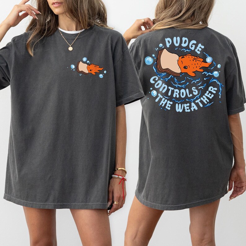 May include: Dark grey t-shirt with a graphic of an orange fish on a piece of bread, with the text "Pudge Controls the Weather" on the back. The front of the shirt has a smaller version of the graphic. The shirt is a casual, oversized fit.