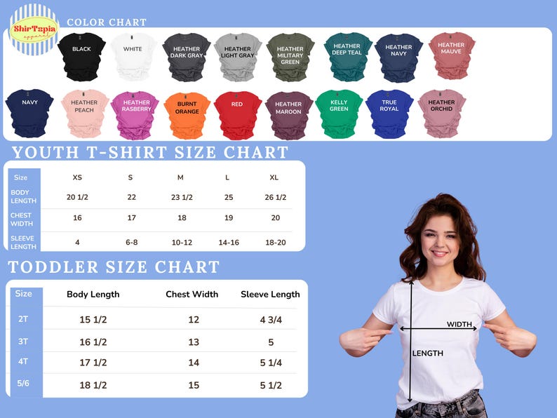 The image is a color chart and a youth t-shirt size chart for a clothing brand. The chart displays various sizes and colors of t-shirts, along with corresponding measurements for different age groups.