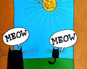 Cat "Meow" Acrylic Painting – Folk Art Animal Artwork