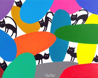 Modern Acrylic Painting: Black Cats Among Colors, 41x33 cm