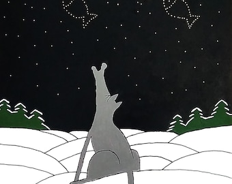 Whimsical Wolf Acrylic Painting: Modern Starlit Night Art, Framed