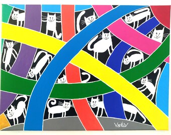 Custom Made Pop Art Cat Painting, White Cats on Black, Colorful Lines