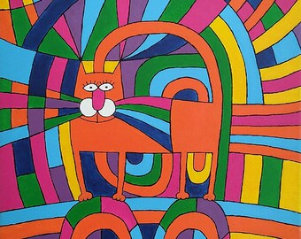 Custom Made Cat Acrylic Painting, Vibrant Naive Art