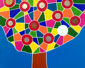 Money Tree Painting: Original Acrylic Art with Embedded Coins