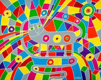 Colorful Abstract Cat Painting: Geometric Modern Art, 50x40cm