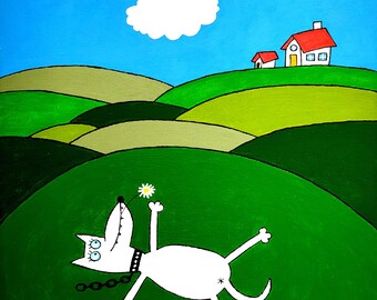 Custom Naive Art Acrylic Painting, Dog with Daisy