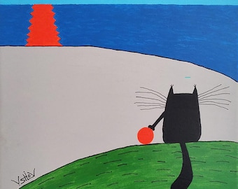 Modern Art: Sunset Cat, Original Acrylic Painting, Contemporary Wall Art, Funny Art, Home Decor, Author’s Painting, Inspiring Artwork.