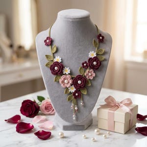 Crochet Rose Necklace Pattern, Elegant Floral Necklace Tutorial, Unique Handmade Jewelry Design (PDF Instant Download)
