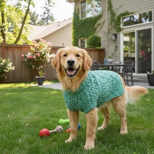 May include: A golden retriever wearing a teal-colored, textured dog sweater stands on green grass. The dog is smiling with its mouth open. Toys are scattered on the grass in front of the dog. A wooden fence and a house are in the background.