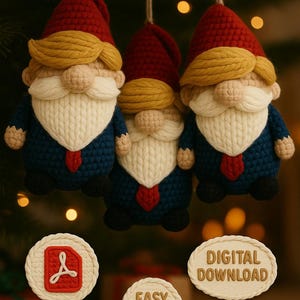 May include: Three handmade crochet gnome ornaments with red hats, yellow hair, white beards, and blue suits. The ornaments are hanging from a Christmas tree. The image also includes digital download icons with the text "EASY CROCHET NO SEW".