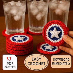 May include: Red, white, and blue crochet coasters with a star design. The coasters are round and stacked, with three glasses of water with ice in the background. The image also includes text that says "Easy Crochet" and "Download Immediately."