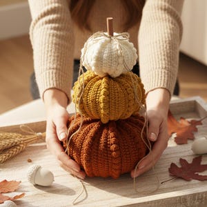 Puede incluir: Una pila de tres calabazas tejidas en tonos blanco, amarillo y naranja. Las calabazas son sostenidas por manos y est&aacute;n decoradas con hilo y un tallo de madera. Un art&iacute;culo decorativo con tem&aacute;tica oto&ntilde;al.