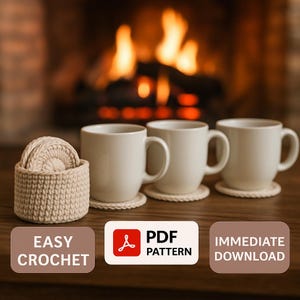 Puede incluir: Tres tazas blancas sobre posavasos a juego, con una cesta de posavasos adicionales. El texto "Easy Crochet" y "PDF Pattern" se muestra. Una cálida chimenea en el fondo.