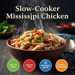 Puede incluir: Un cuenco marrón lleno de pollo Mississippi cocinado a fuego lento, adornado con rodajas de jalapeños y pimientos rojos. Sale vapor del plato. El texto dice "Slow-Cooker Mississippi Chicken", con iconos circulares debajo que dicen "Easy to Make", "Step-by-Step", "Printable Recipe" e "Instant Download".