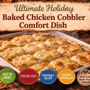 Puede incluir: Un cobbler de pollo horneado en una fuente rectangular. El plato está lleno de galletas doradas y un relleno sabroso. La imagen incluye el texto "Ultimate Holiday Baked Chicken Cobbler Comfort Dish".