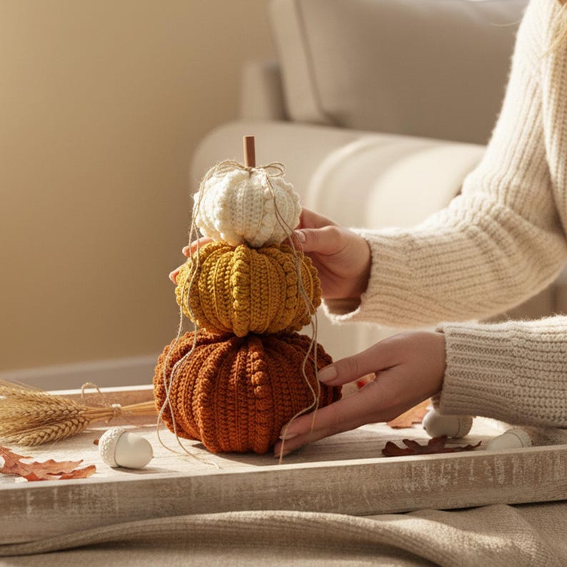Puede incluir: Una pila de tres calabazas de ganchillo en crema, dorado y &oacute;xido. Cada calabaza tiene una textura acanalada y est&aacute; rematada con una ramita. Las calabazas est&aacute;n dispuestas sobre una bandeja de madera con decoraciones oto&ntilde;ales.