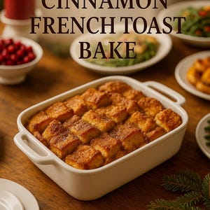 a delicious-looking casserole dish filled with a savory French toast bake, accompanied by a variety of side dishes and a candle on a wooden table.