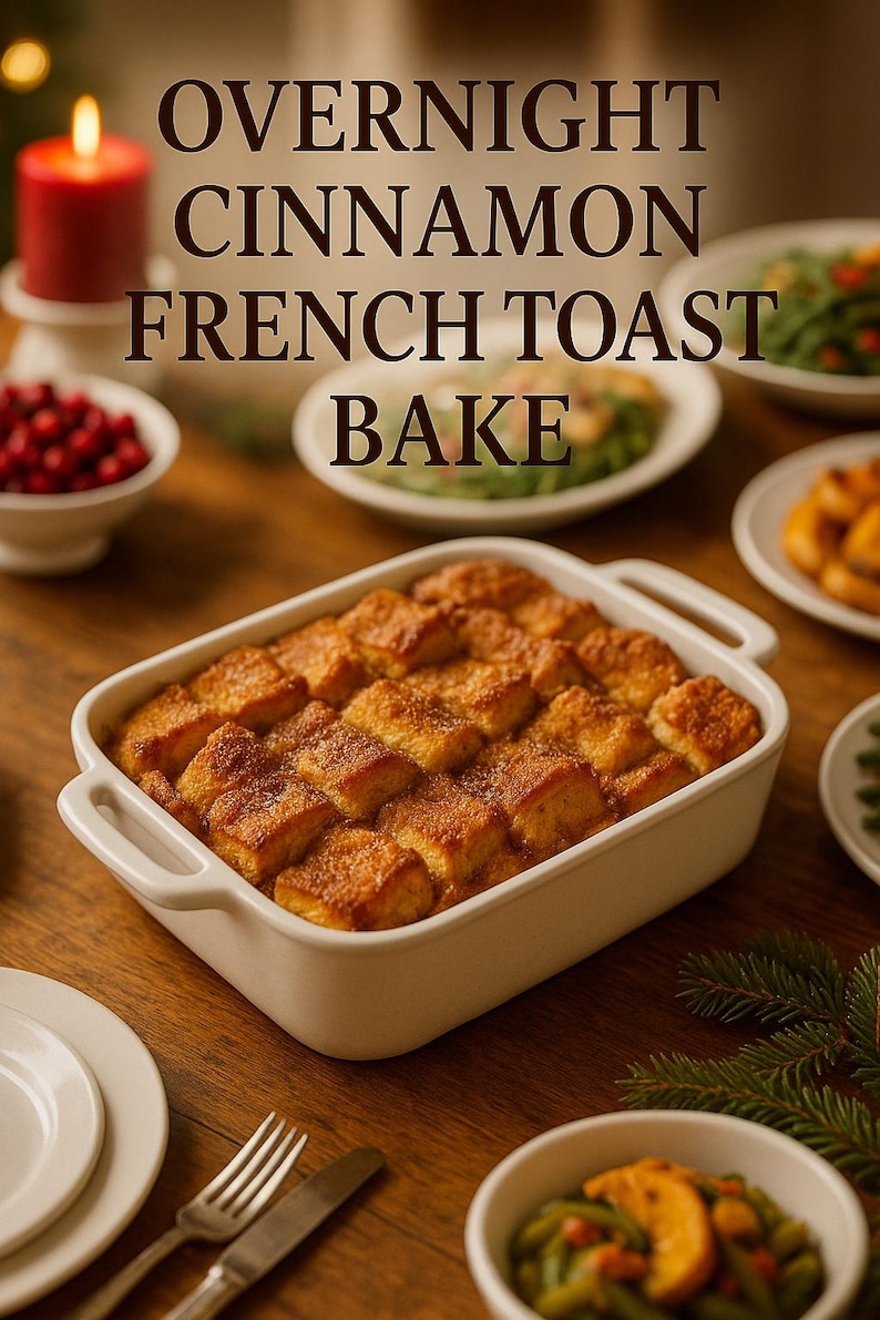 a delicious-looking casserole dish filled with a savory French toast bake, accompanied by a variety of side dishes and a candle on a wooden table.