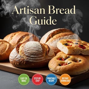 Może przedstawiać: Zdjęcie różnych pieczyw rzemieślniczych, w tym bochenków i focaccii, ułożonych na drewnianej desce. Tekst "Artisan Bread Guide" znajduje się na górze. Para unosi się z chleba. Kolorowe okrągłe ikony z tekstem na dole.