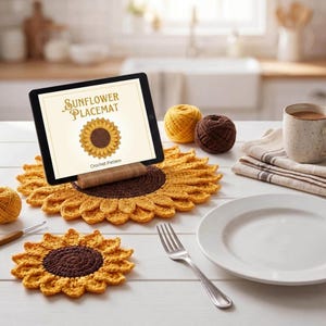 May include: A crocheted sunflower placemat and coaster set with a tablet displaying a "Sunflower Placemat" crochet pattern. The placemat is yellow and brown, with a matching coaster. A fork, plate, and coffee cup are also on the white table.