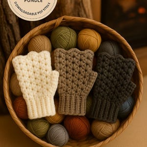 Pode incluir: Uma cesta cheia de novelos de lã em várias cores, incluindo creme, castanho, verde e dourado. São exibidas três luvas sem dedos de crochê em creme, castanho e cinza escuro. O texto na imagem diz "Beginner Crochet Warm Weather Bundle".