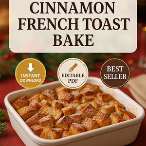 a white square casserole dish filled with a dessert-like dish, possibly a cinnamon French toast bake, placed on a table with a red tablecloth.