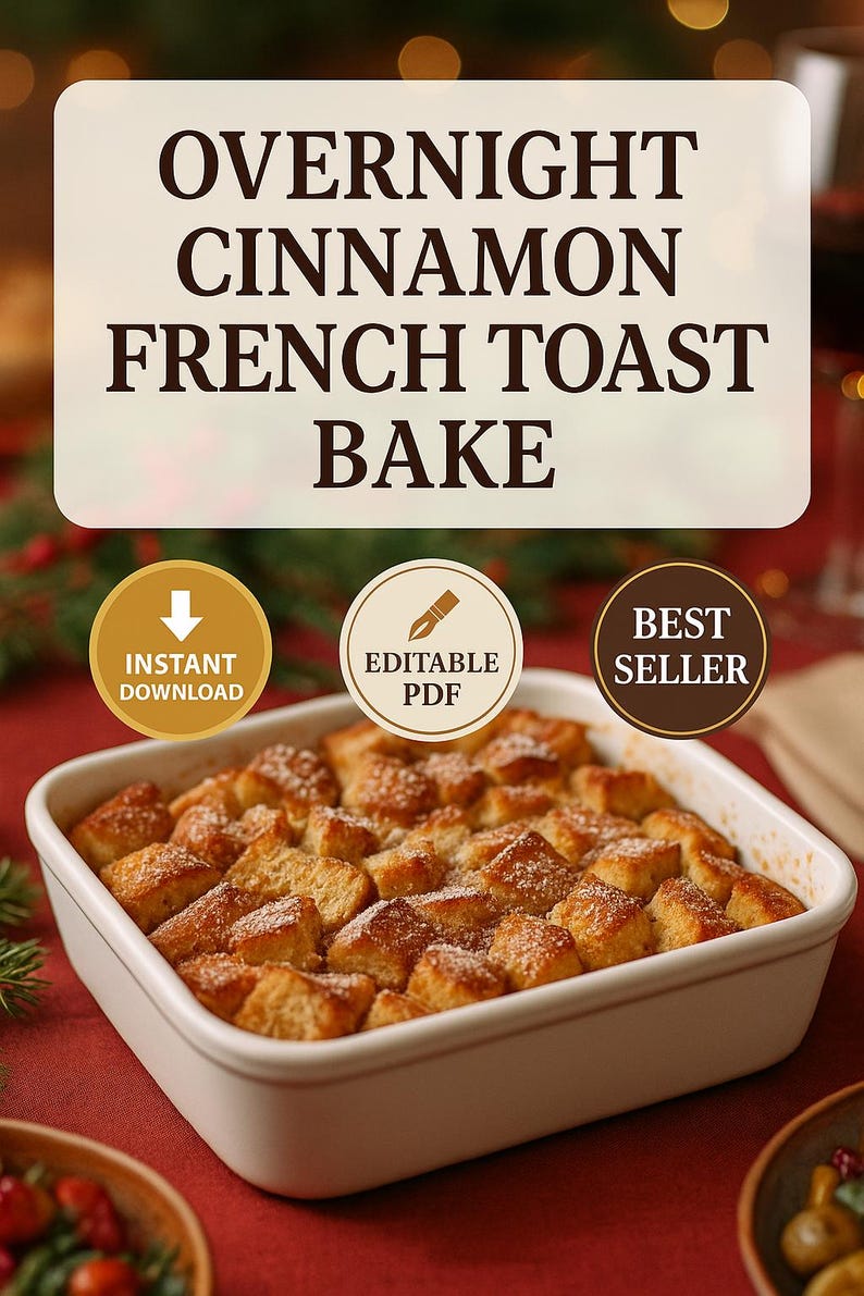 a white square casserole dish filled with a dessert-like dish, possibly a cinnamon French toast bake, placed on a table with a red tablecloth.