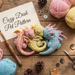 May include: A cozy desk pet pattern with three crocheted dragons in pink, yellow, and blue. The scene includes yarn, a crochet hook, scissors, buttons, and a card that reads "Cozy Desk Pet Pattern."