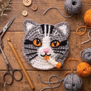 Könnte beinhalten: Ein gehäkeltes Katzen-Gesicht mit orangefarbenen Augen und einer rosa Nase, umgeben von Wollknäueln, Holzknöpfen, Scheren und einem Häkelhaken. Die Katze ist grau, weiß und schwarz.