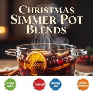 May include: A glass pot filled with a simmering Christmas blend, featuring orange slices, cranberries, star anise, and cinnamon sticks. The image includes text that reads "Christmas Simmer Pot Blends".